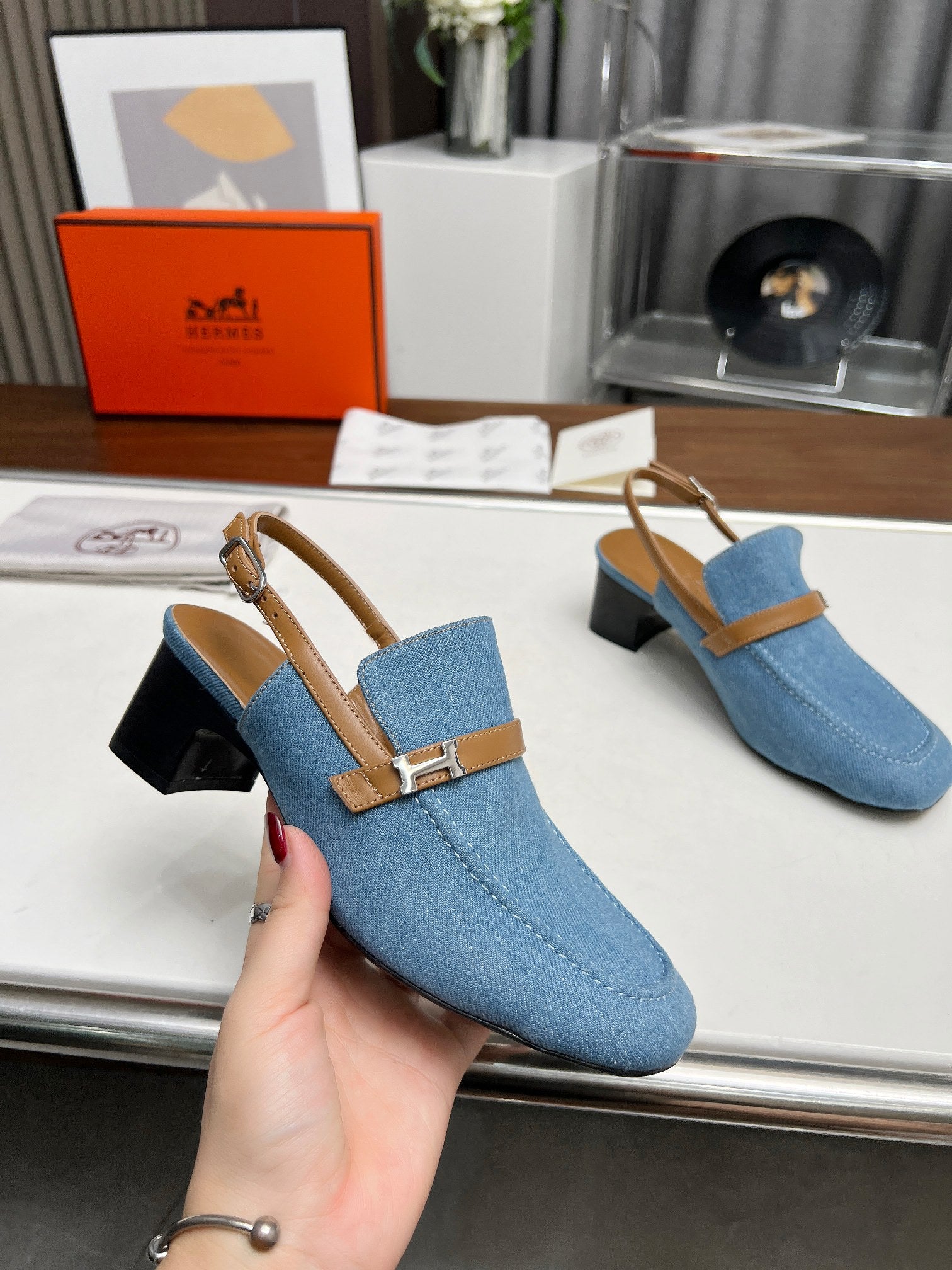 HERMES SQUARE TOE SLINGBACK DENIM CALFSKIN