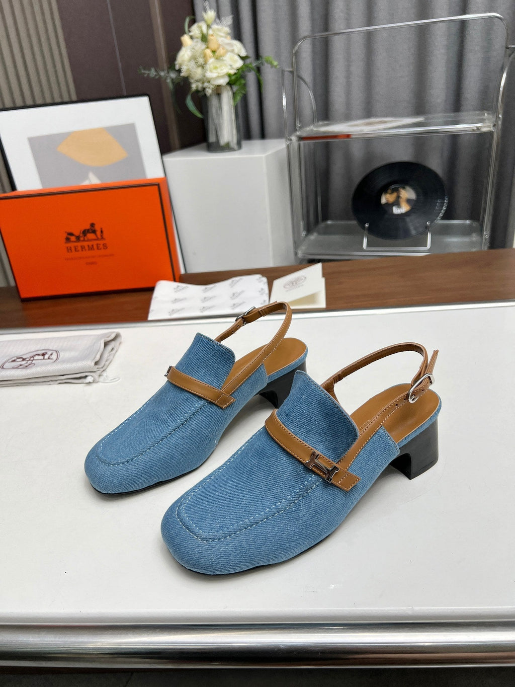 HERMES SQUARE TOE SLINGBACK DENIM CALFSKIN