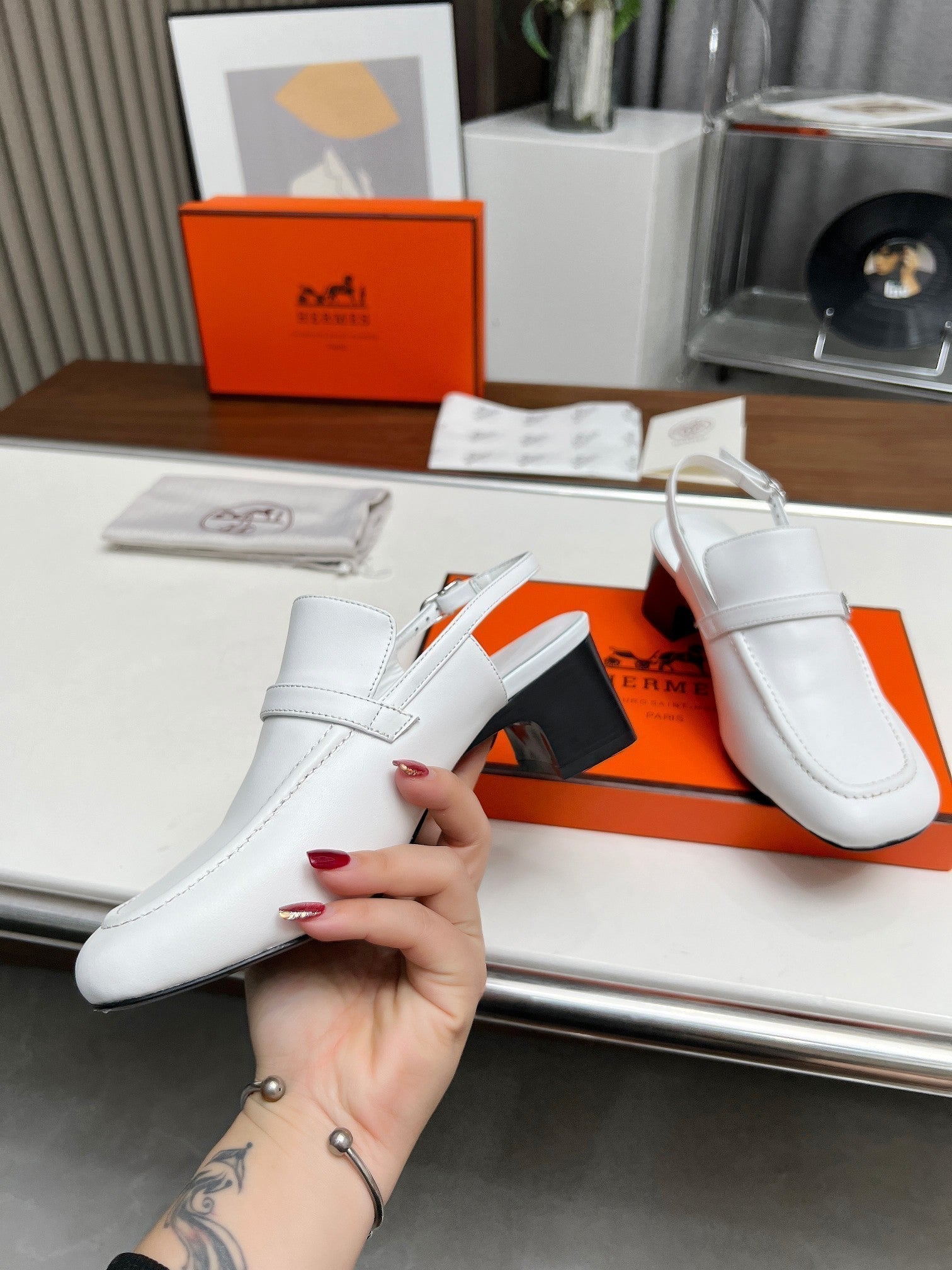 HERMES SQUARE TOE SLINGBACK SNOW CALFSKIN