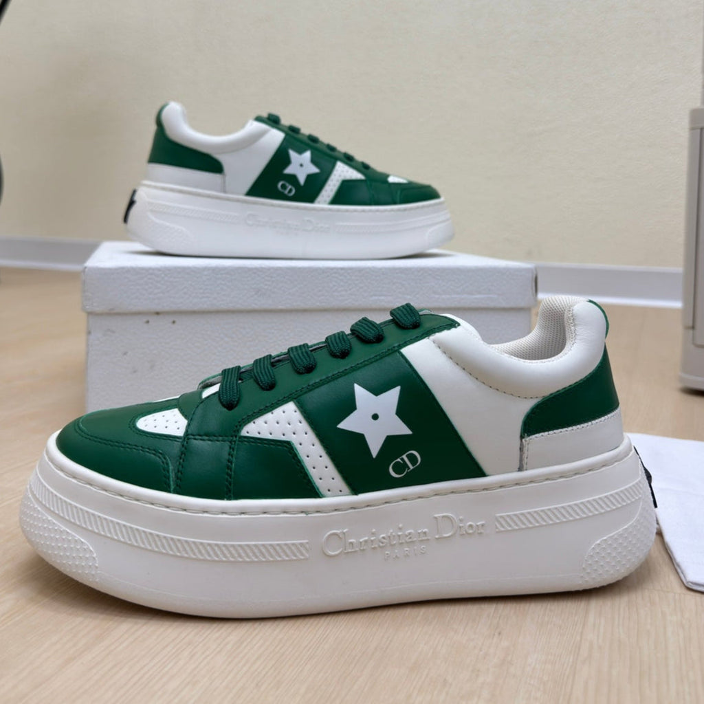 DIOR STAR PLATFORM SNEAKER IN WHITE MIX EMERALD GREEN CALFSKIN