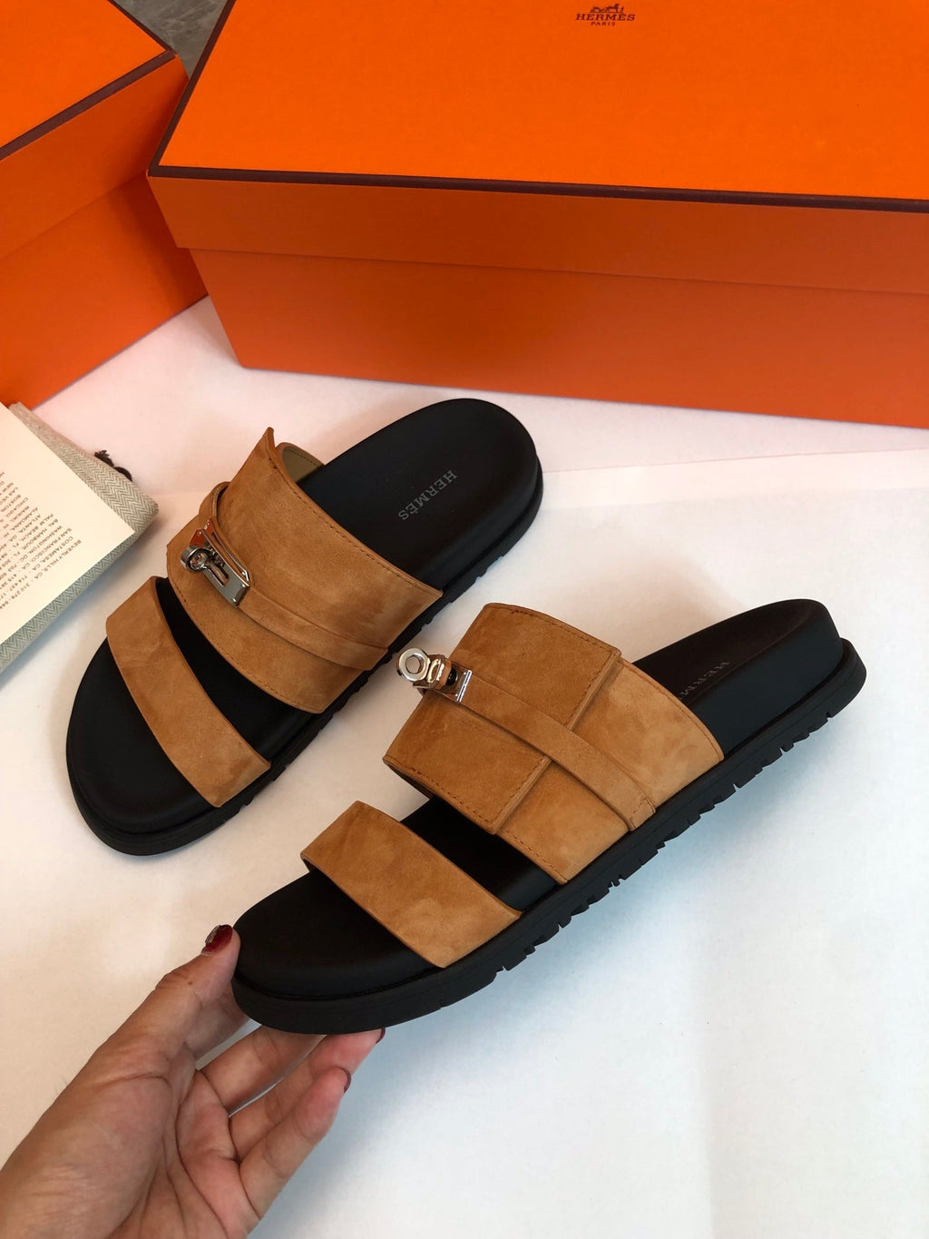 HERMES GABRIEL SANDAL MULE IN BRONZE BROWN SUEDE