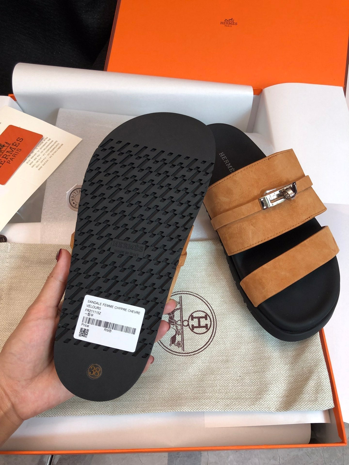 HERMES GABRIEL SANDAL MULE IN BRONZE BROWN SUEDE