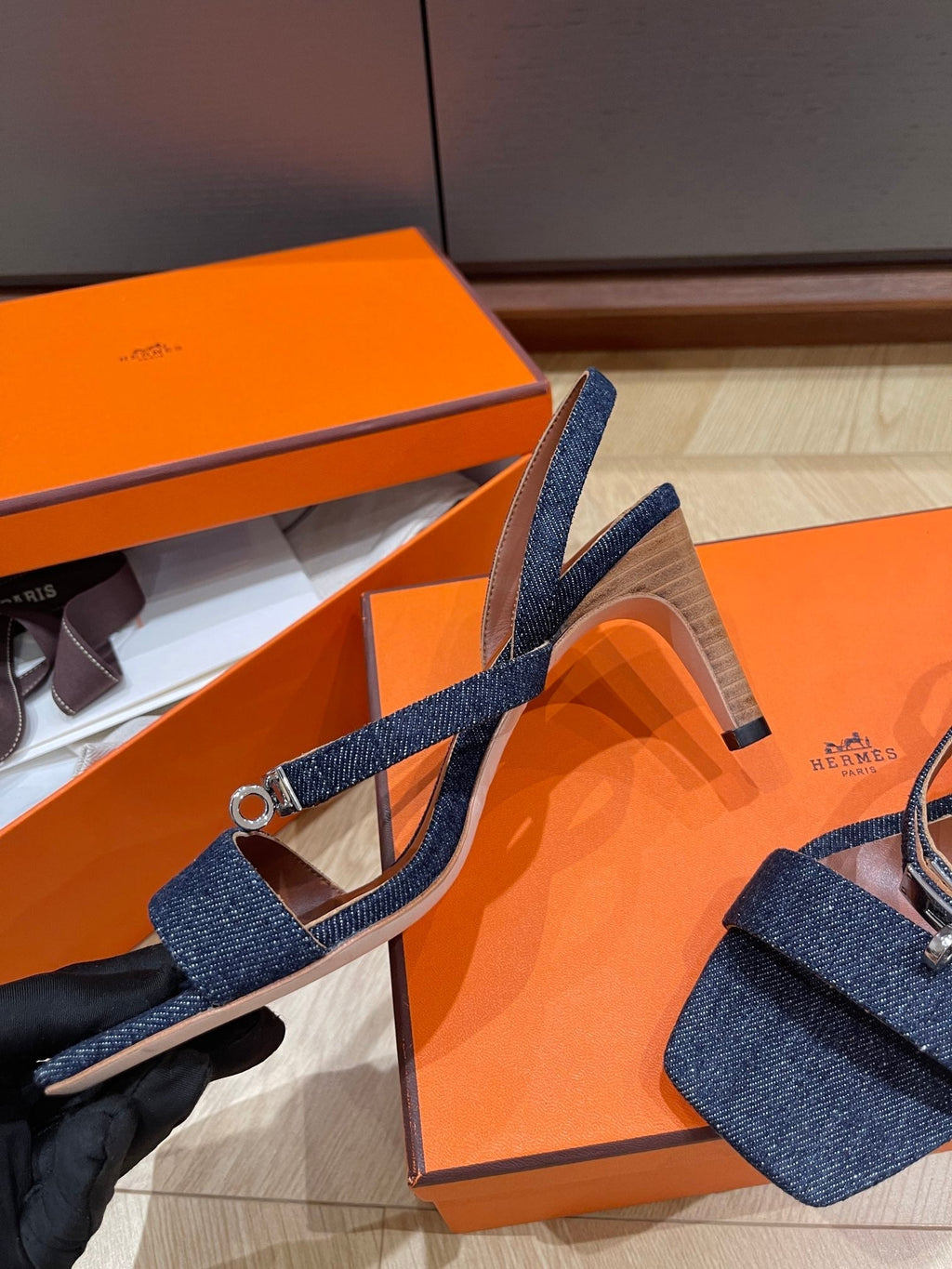 HERMES GLAMOUR 75 SANDAL DENIM CALFSKIN