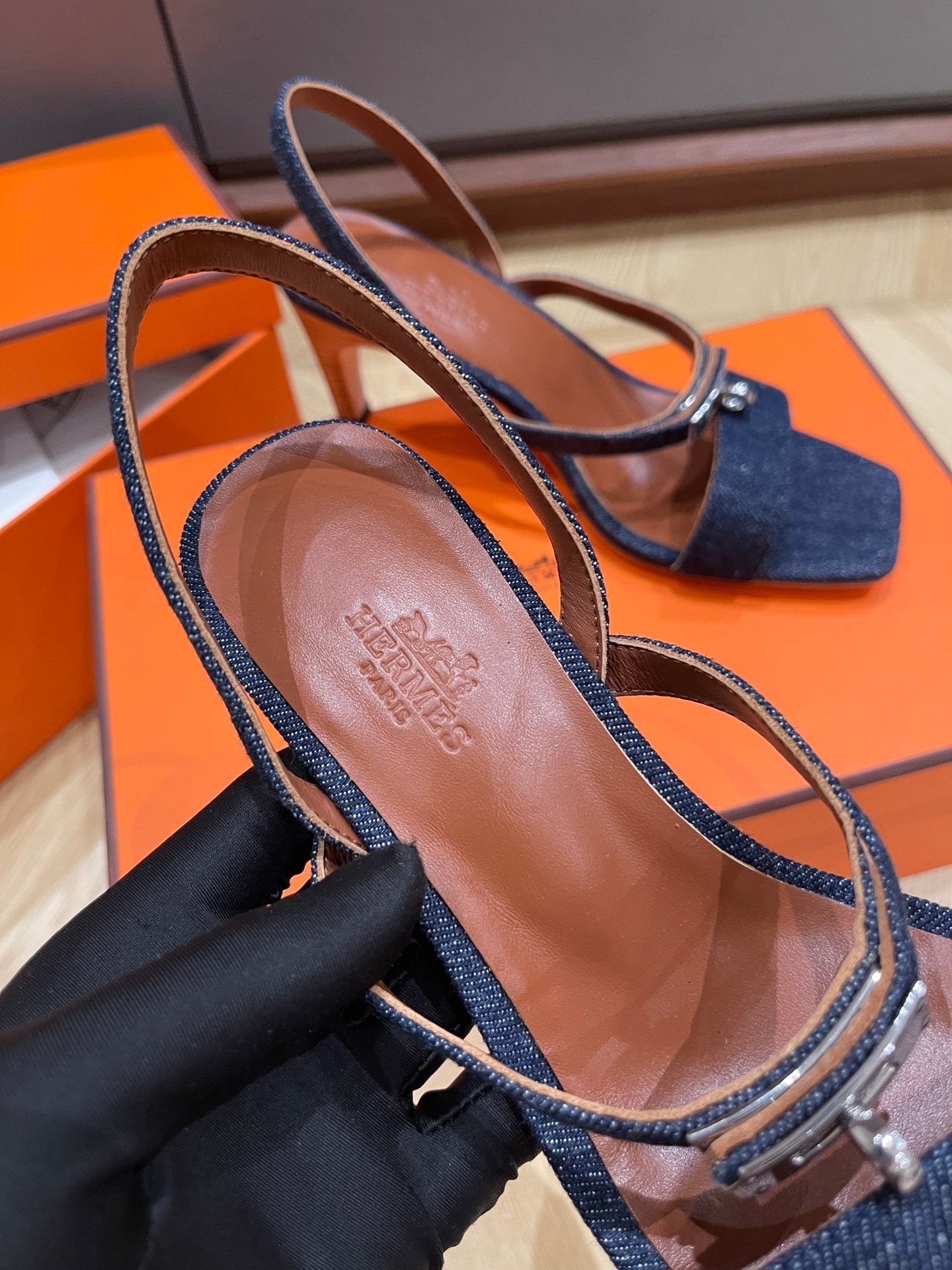 HERMES GLAMOUR 75 SANDAL DENIM CALFSKIN