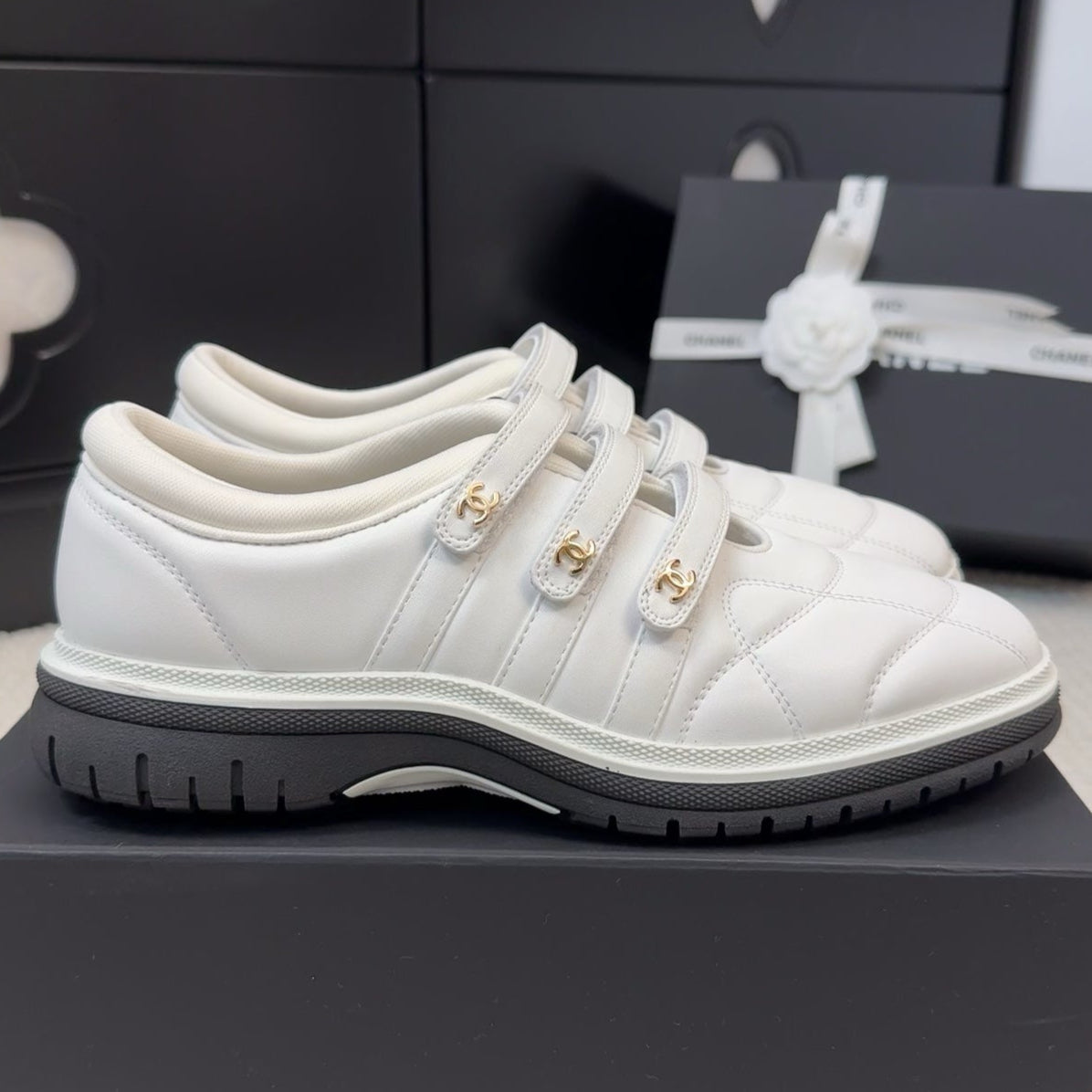 CHANEL SNEAKERS WITH THREE STRAPS IN WHITE CALFSKIN