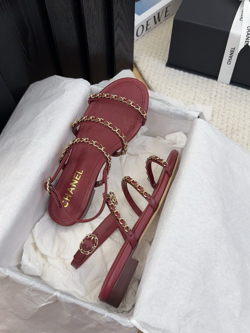 CHANEL THREE-STRAPS SANDALS IN JAM RED CALFSKIN WITH GOLD HARDWARE