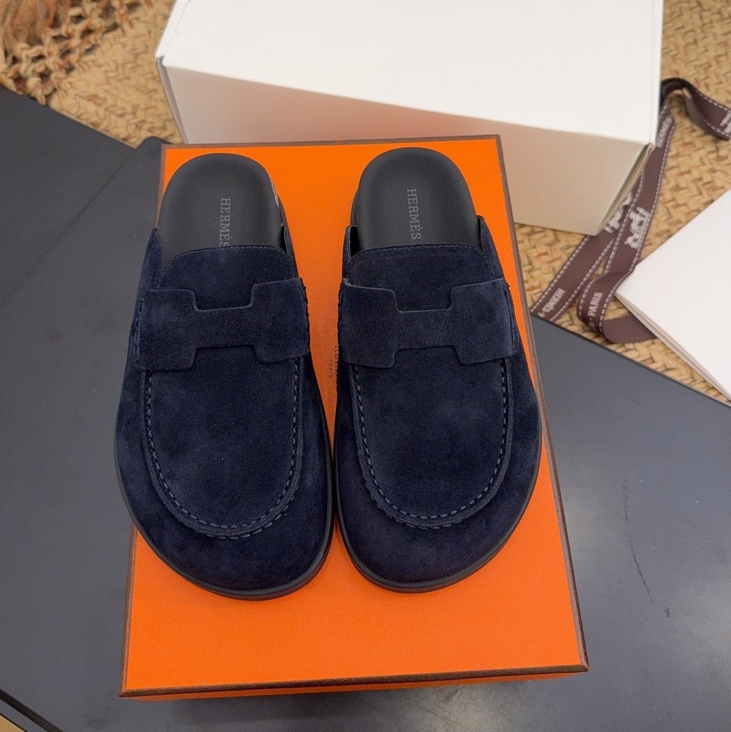 HERMES 25S MULE IN DARK SLATE BLUE SUEDE