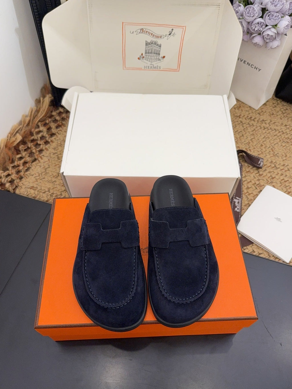 HERMES 25S MULE IN DARK SLATE BLUE SUEDE