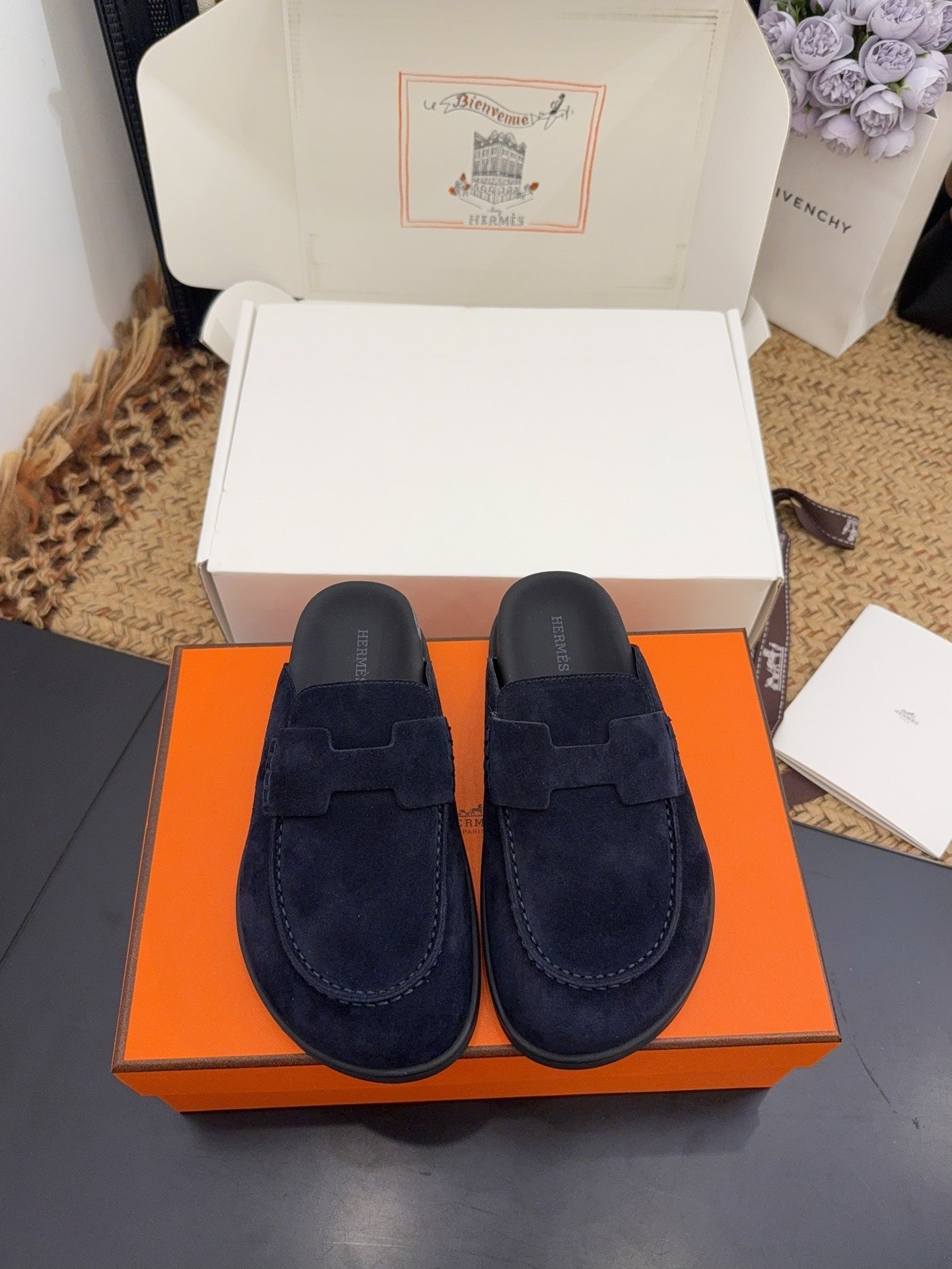 HERMES 25S MULE IN DARK SLATE BLUE SUEDE