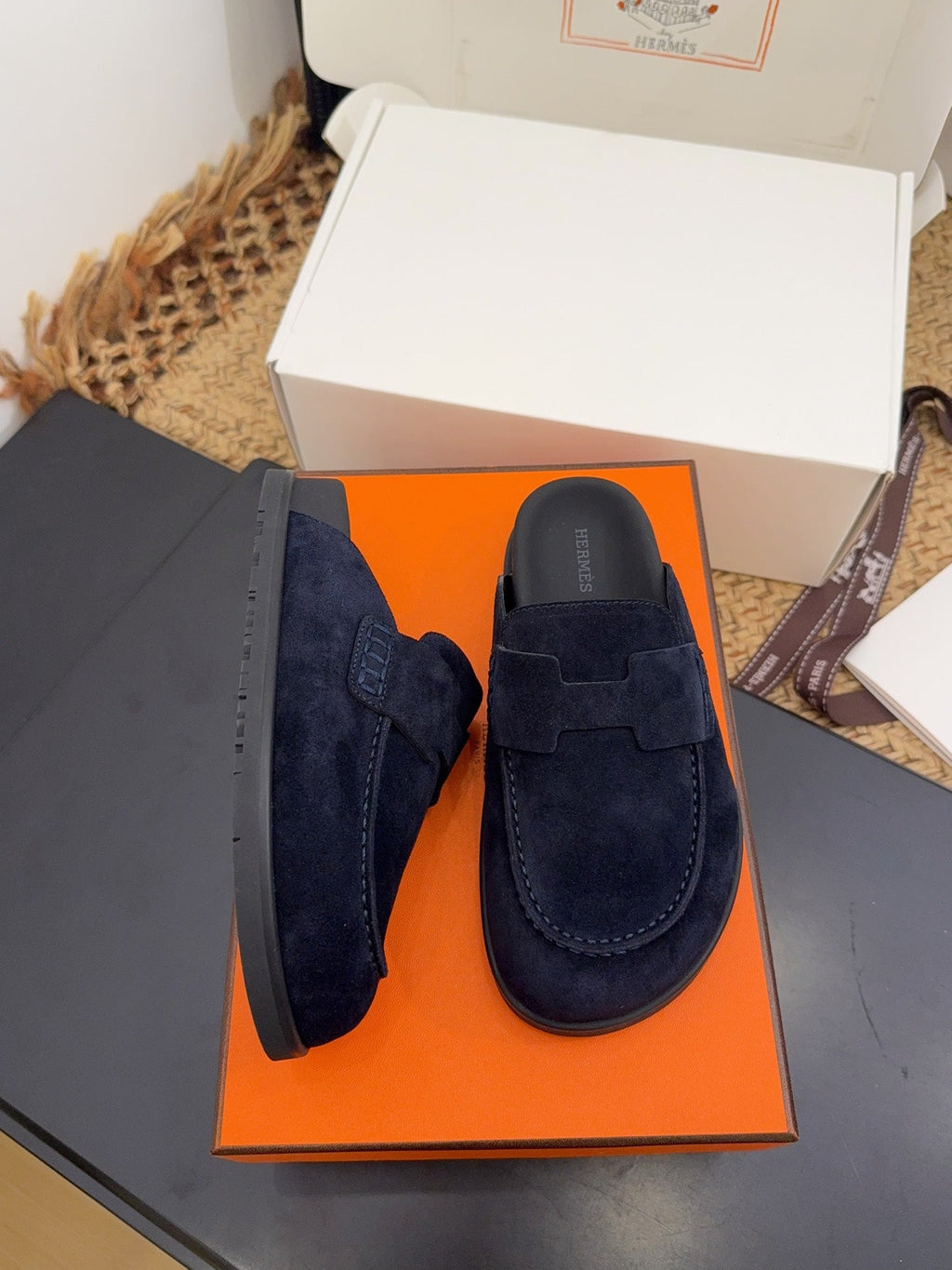 HERMES 25S MULE IN DARK SLATE BLUE SUEDE