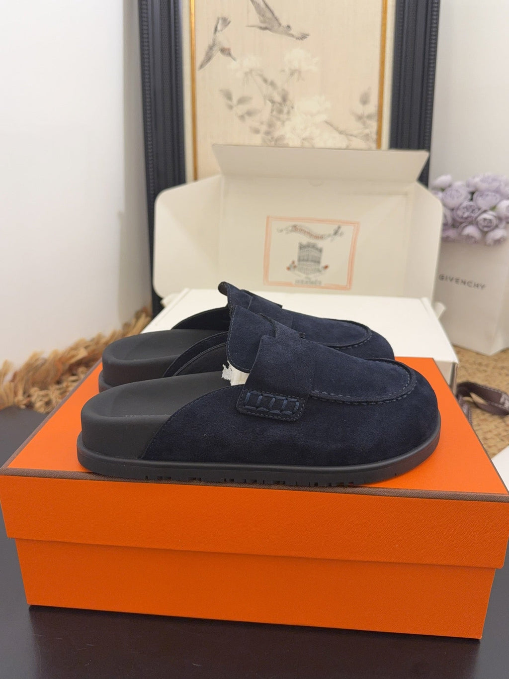 HERMES 25S MULE IN DARK SLATE BLUE SUEDE