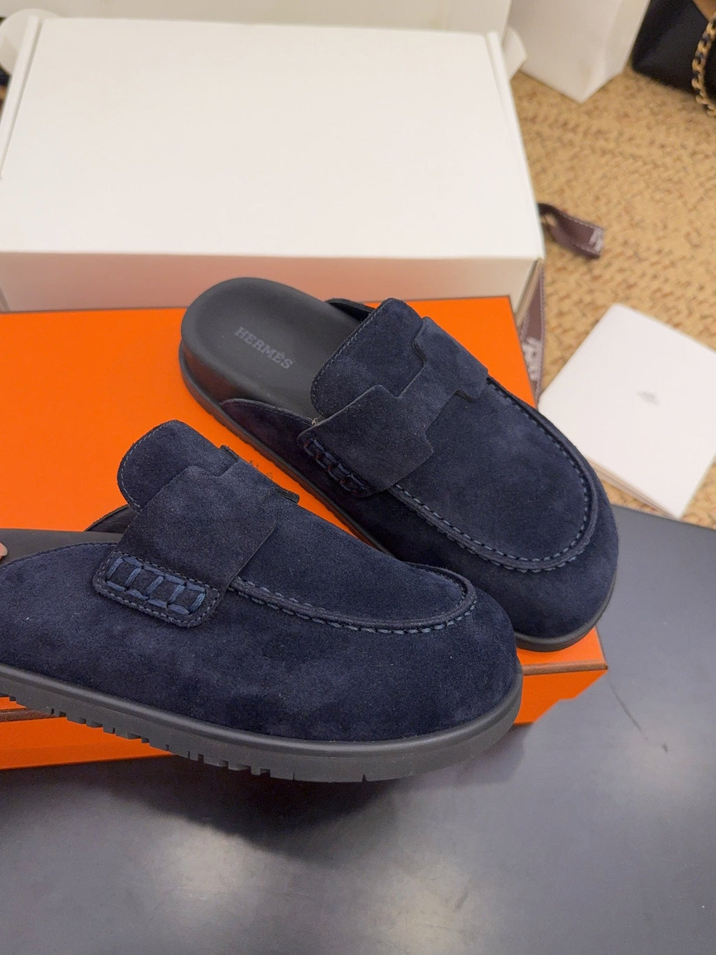 HERMES 25S MULE IN DARK SLATE BLUE SUEDE