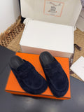 HERMES 25S MULE IN DARK SLATE BLUE SUEDE
