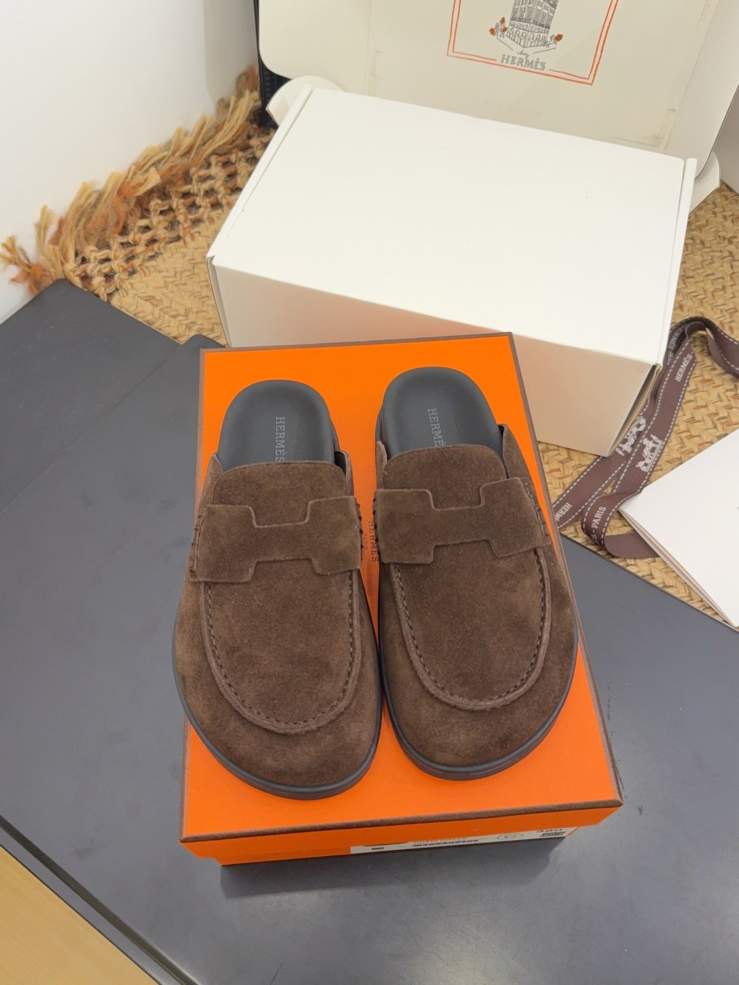 HERMES 25S MULE IN DARK BROWN SUEDE