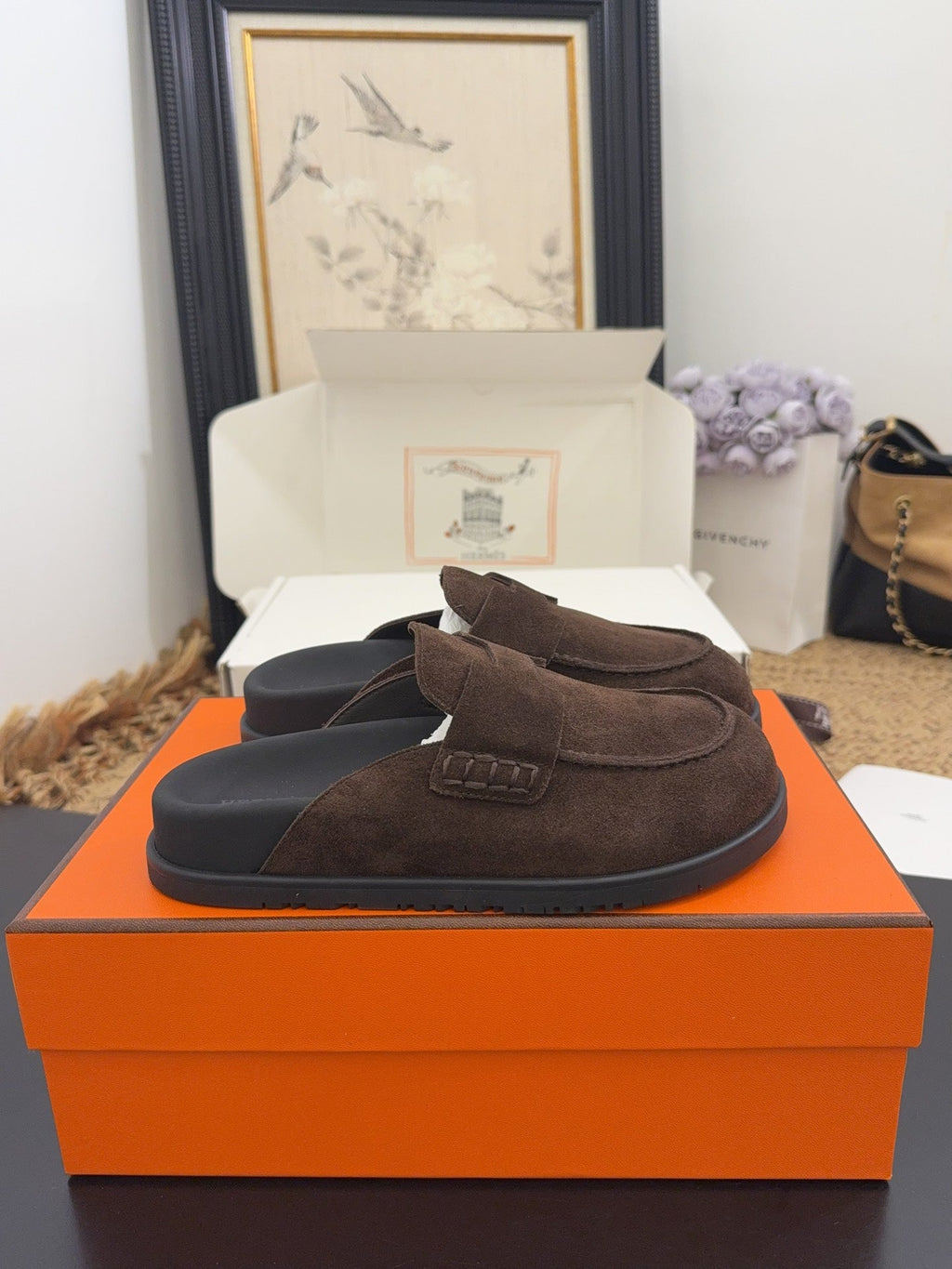 HERMES 25S MULE IN DARK BROWN SUEDE