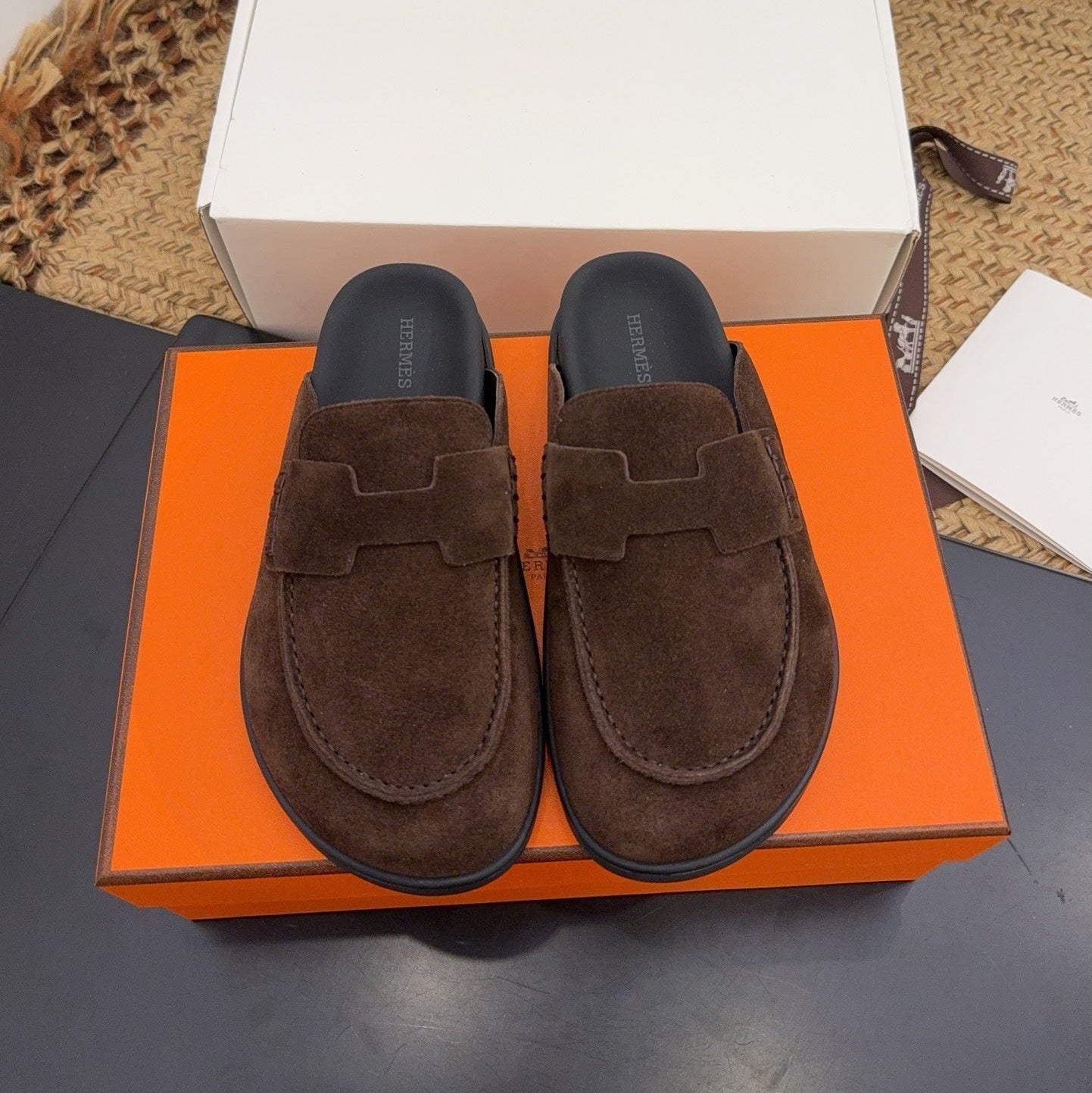 HERMES 25S MULE IN DARK BROWN SUEDE