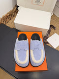 HERMES 25S MULE IN SOFT LAVENDER BLUE SUEDE MIX WHITE SHEARLING