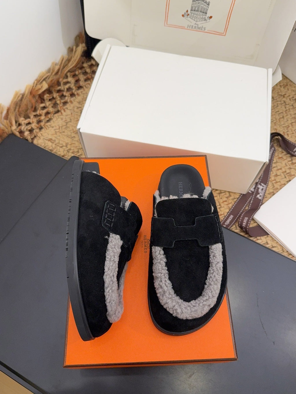 HERMES 25S MULE IN BLACK SUEDE MIX GREY SHEARLING