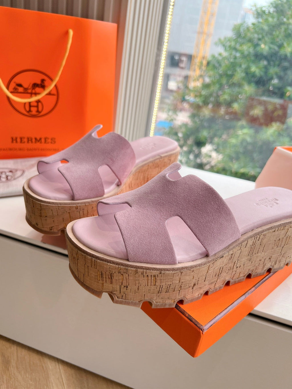 HERMES EZE 65 SANDAL PASTEL PINK SUEDE