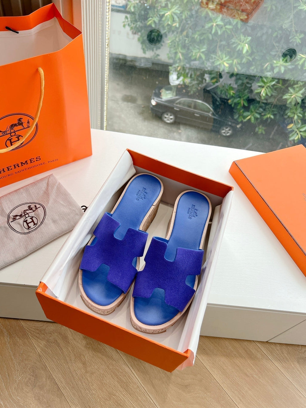 HERMES EZE 65 SANDAL NAVY SUEDE