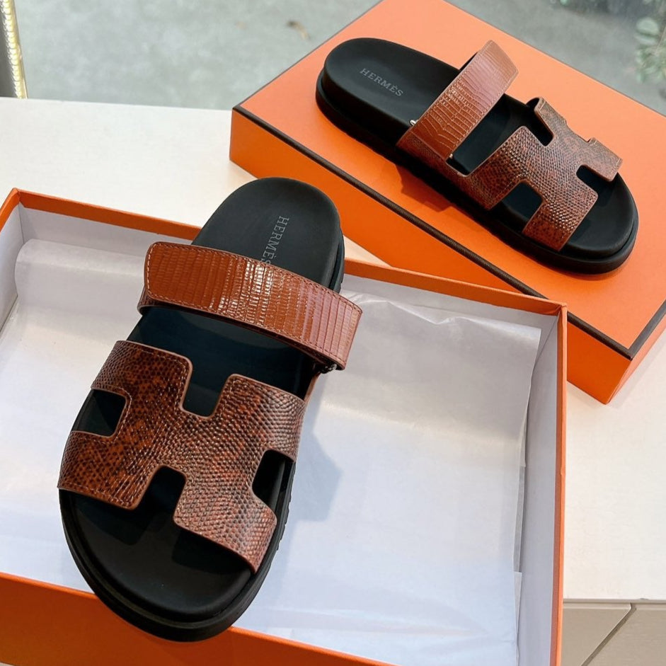 HERMES CHYPRE SANDAL IN PECAN BROWN LIZARD SKIN