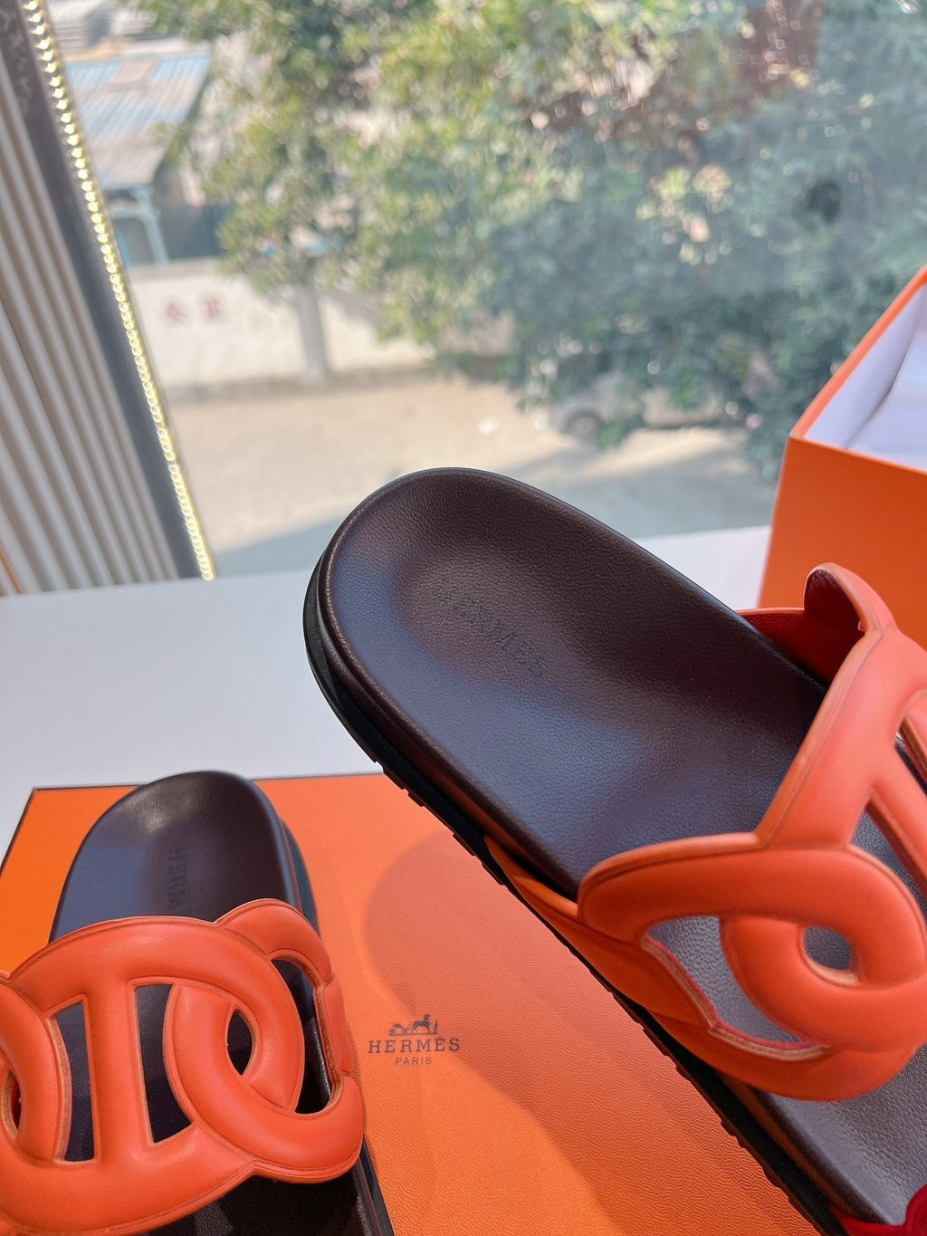 HERMES EXTRA SANDAL IN CHERRY RED MIX FIRE ORANGE CALFSKIN