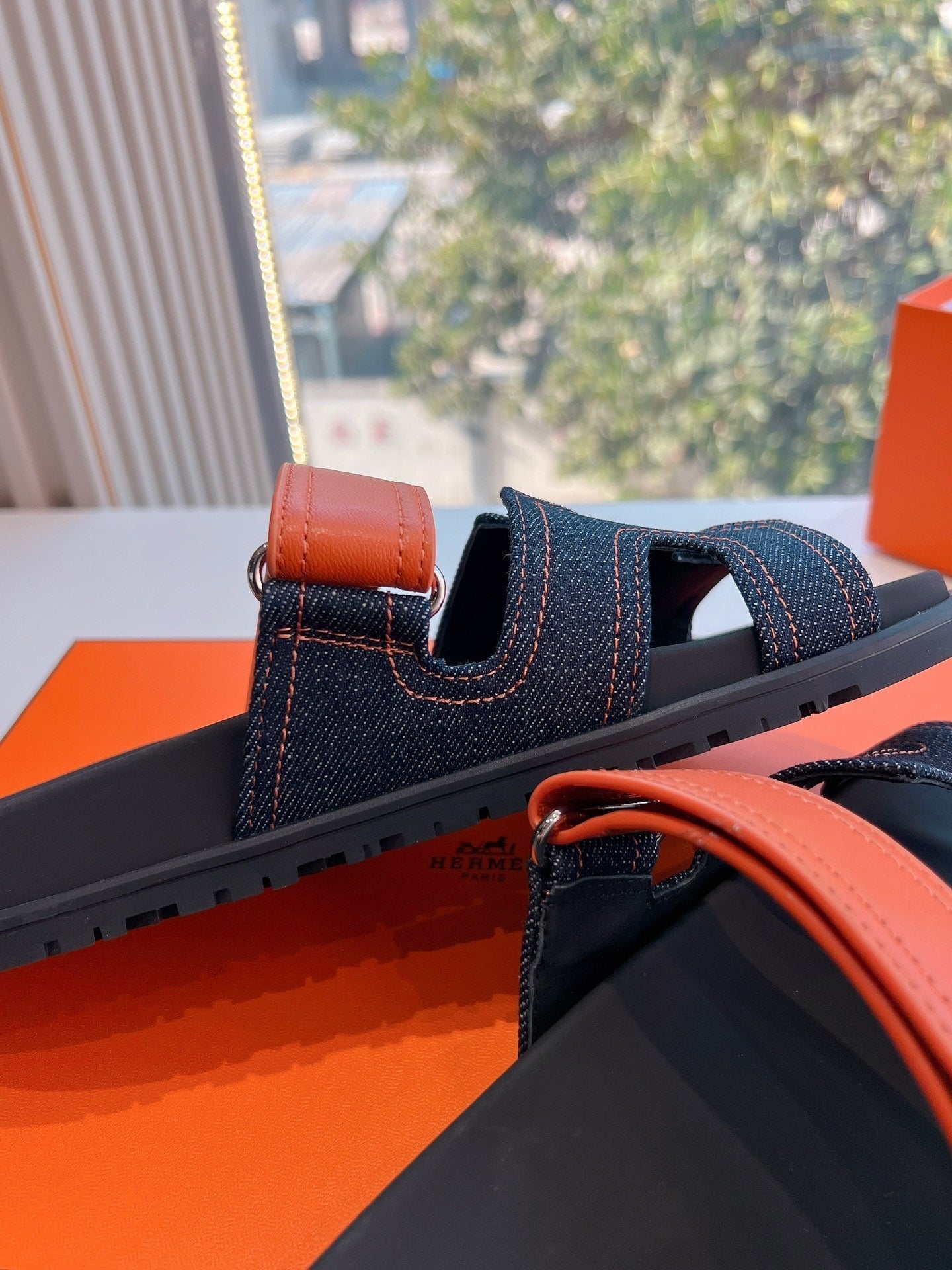 HERMES CHYPRE SANDAL IN BLACK DENIM AND VIVID ORANGE CALFSKIN