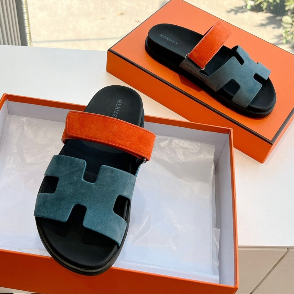 HERMES CHYPRE SANDAL IN TEAL GREEN MIX FIRE ORANGE SUEDE