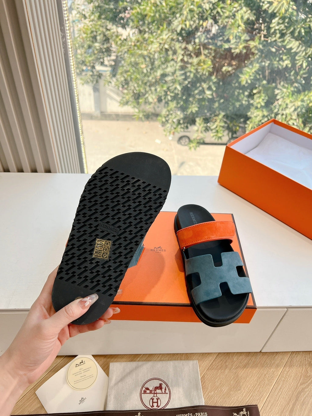 HERMES CHYPRE SANDAL IN TEAL GREEN MIX FIRE ORANGE SUEDE