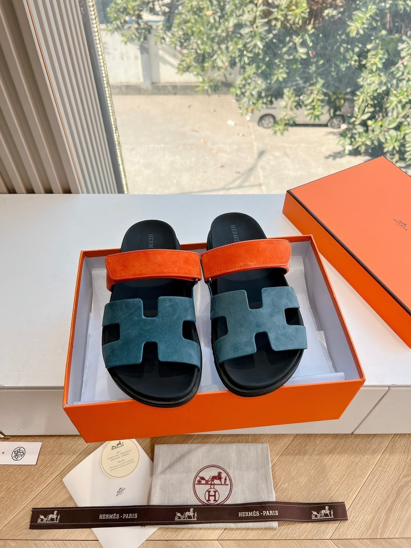 HERMES CHYPRE SANDAL IN TEAL GREEN MIX FIRE ORANGE SUEDE