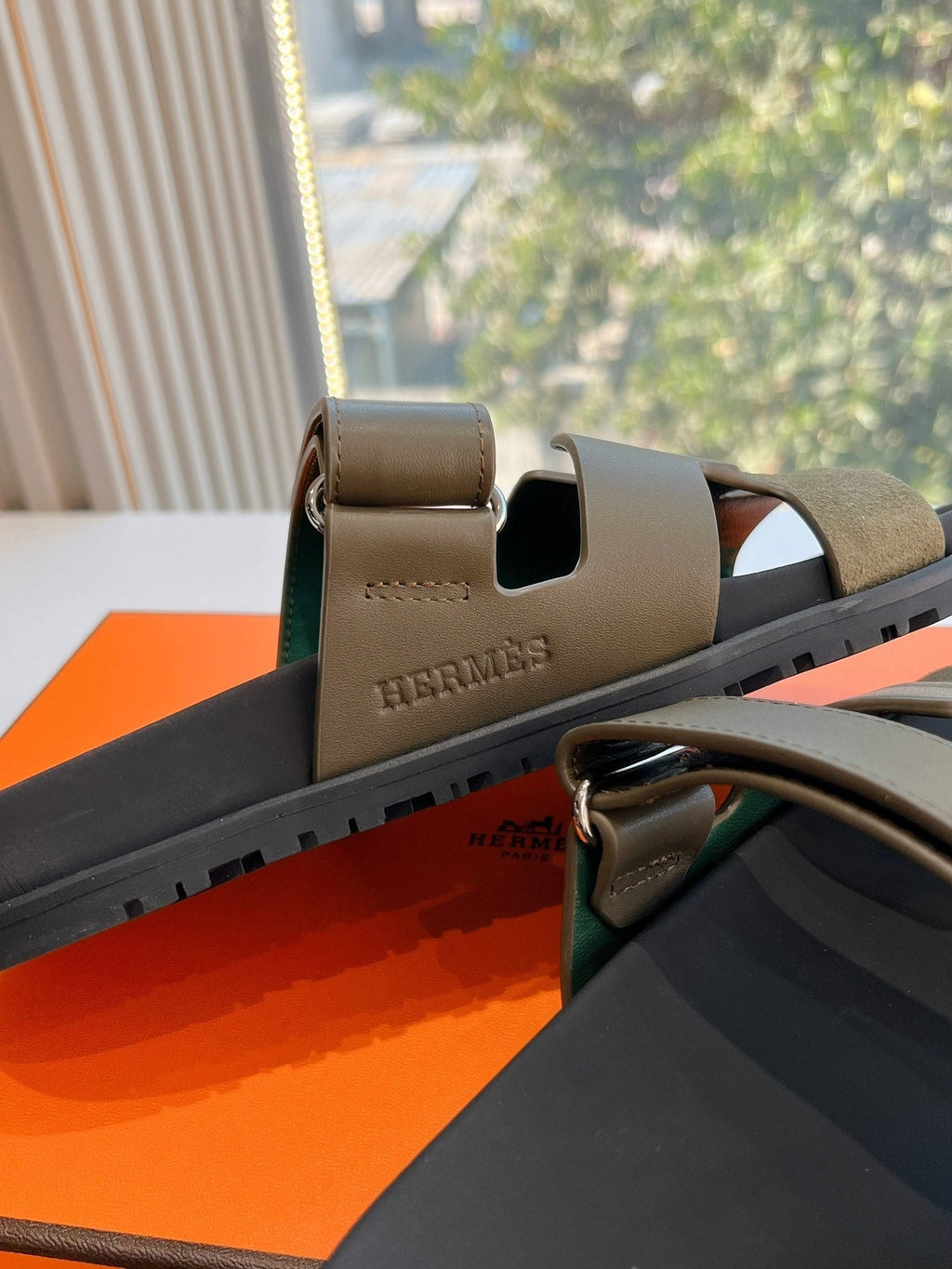 HERMES CHYPRE SANDAL IN ARMY GREEN SUEDE AND CALFSKIN