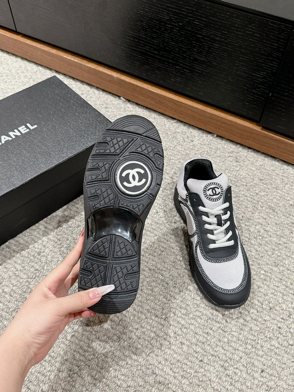 CHANEL CLASSIC TRAINER IN GREY MIX BLACK FABRIC