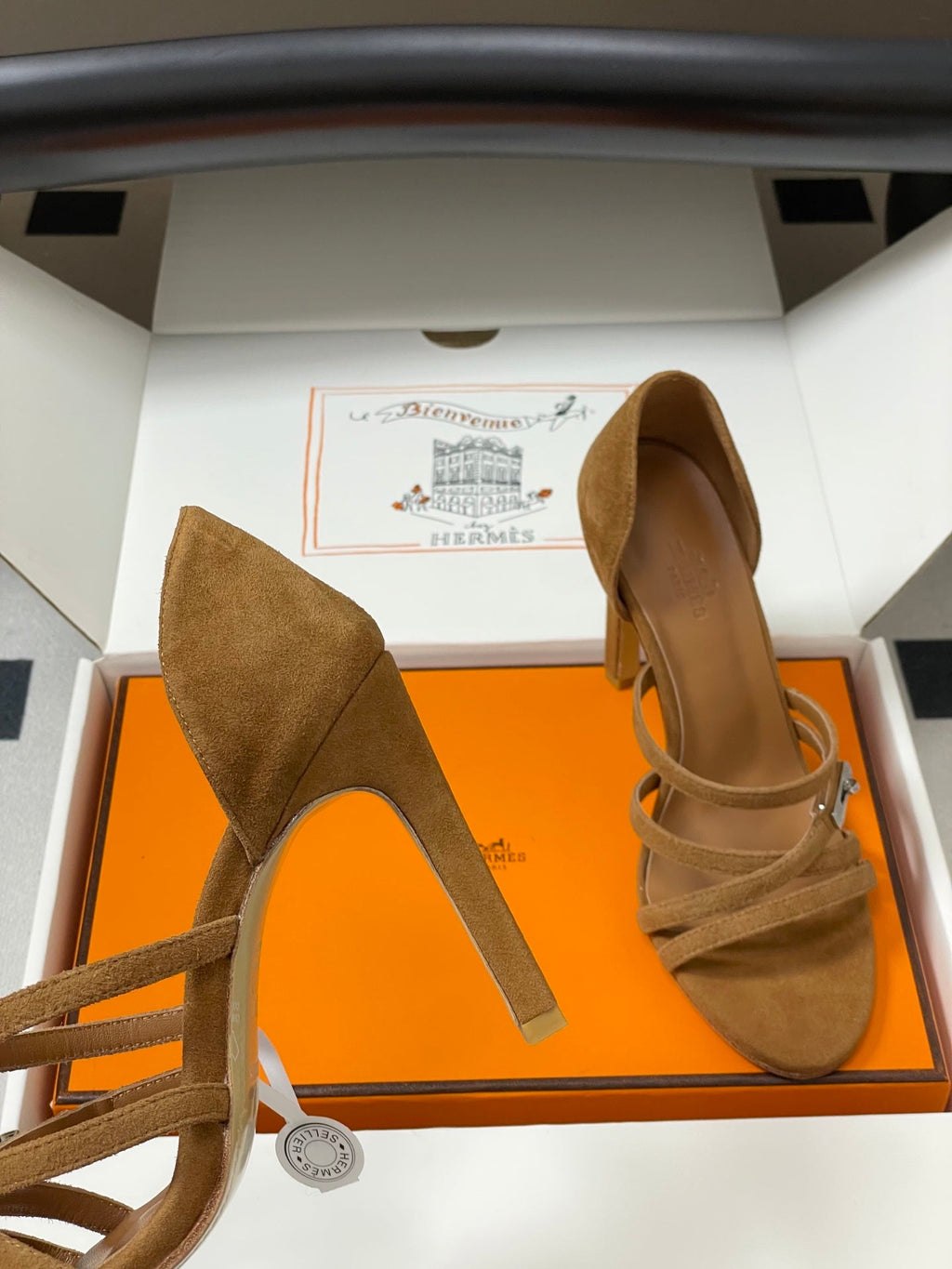 HERMES 25S HIGH-HEEL SANDAL 105 MM IN BROWN SUEDE