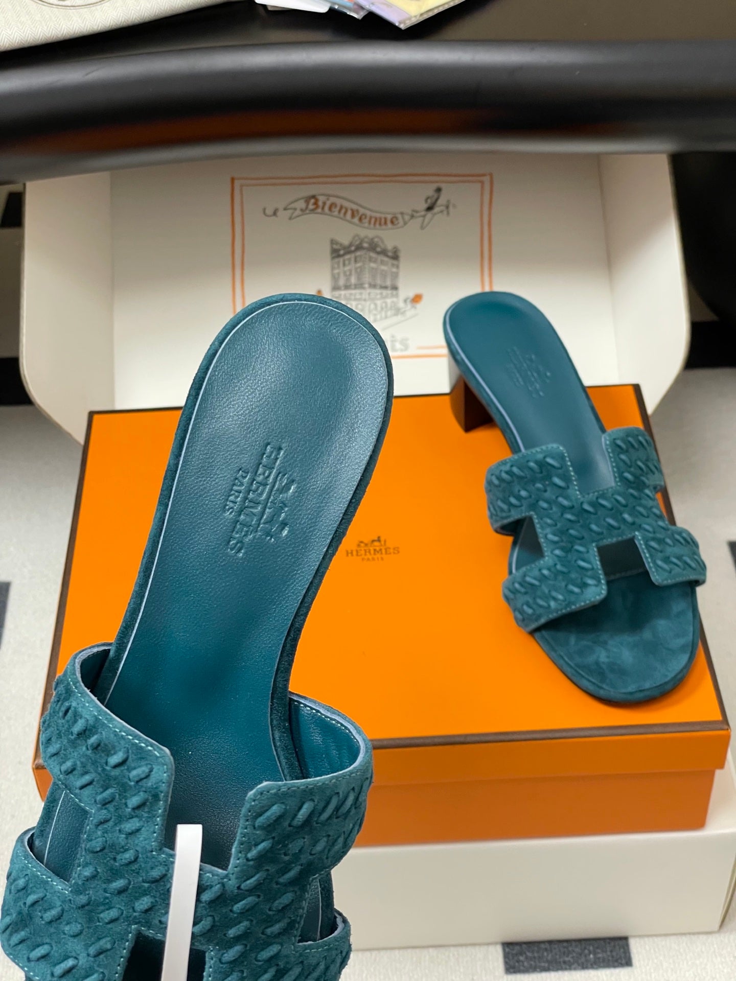 HERMES 25S ORAN HIGH‑HEEL SANDAL IN DARK BLUE SUEDE AND LAMBSKIN