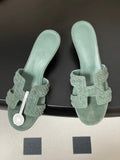 HERMES 25S ORAN HIGH‑HEEL SANDAL IN MUTED MINT GREEN SUEDE AND LAMBSKIN