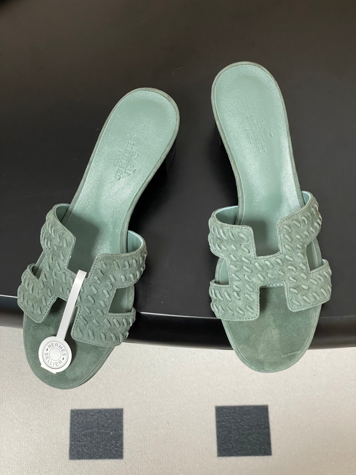 HERMES 25S ORAN HIGH‑HEEL SANDAL IN MUTED MINT GREEN SUEDE AND LAMBSKIN