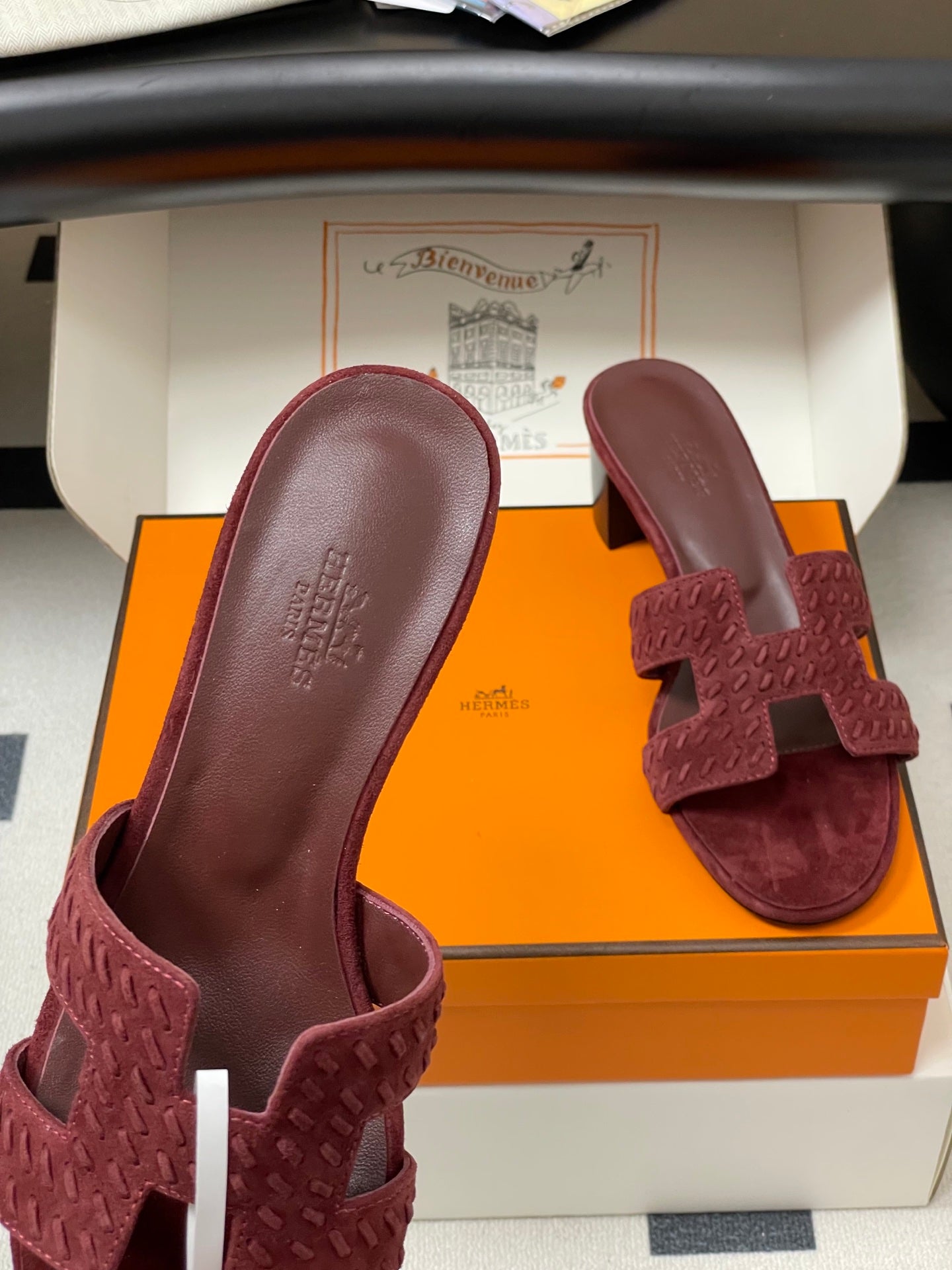 HERMES 25S ORAN HIGH‑HEEL SANDAL IN DARK RED SUEDE AND LAMBSKIN