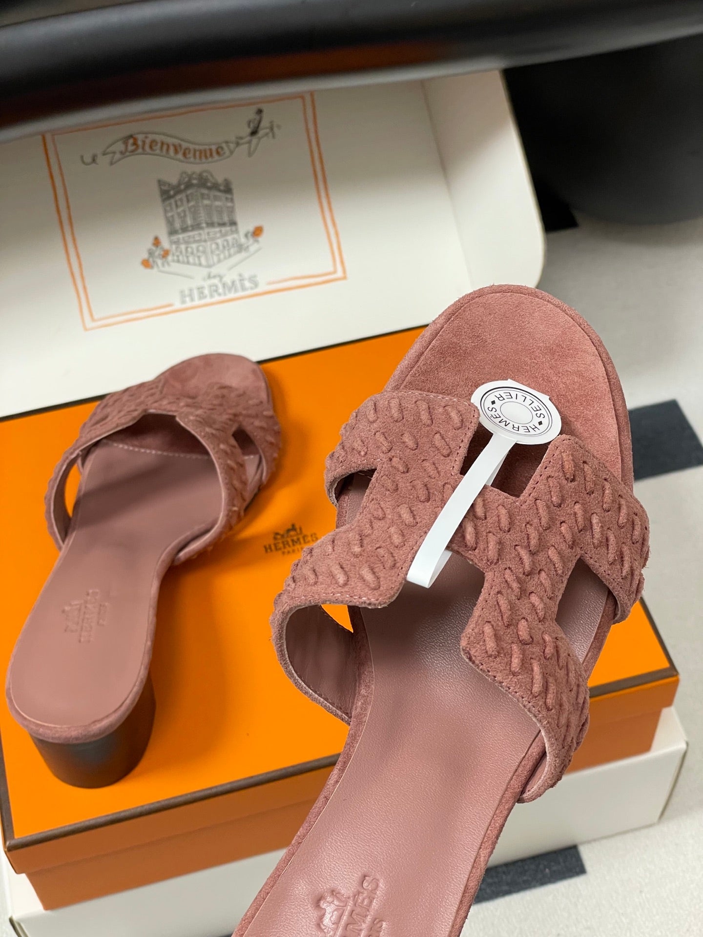 HERMES 25S ORAN HIGH‑HEEL SANDAL IN PEACHY PINK SUEDE AND LAMBSKIN