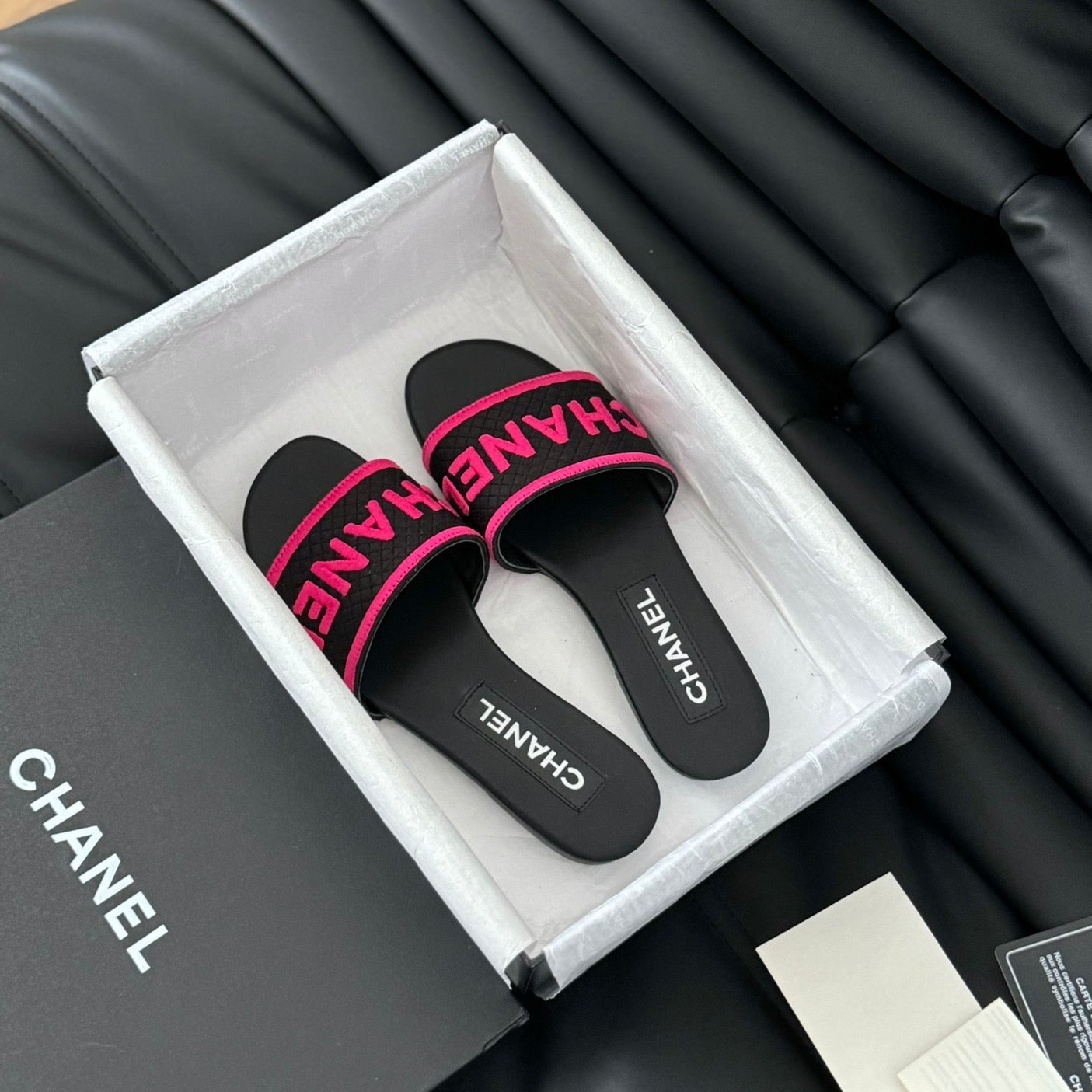 CHANEL Woven Embroidered Letter Slippers Black Pink