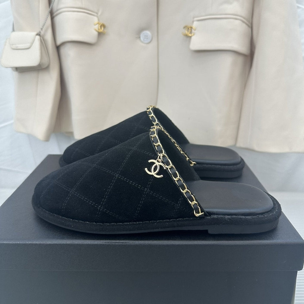 CHANEL Black Suede Gold Chain Mules