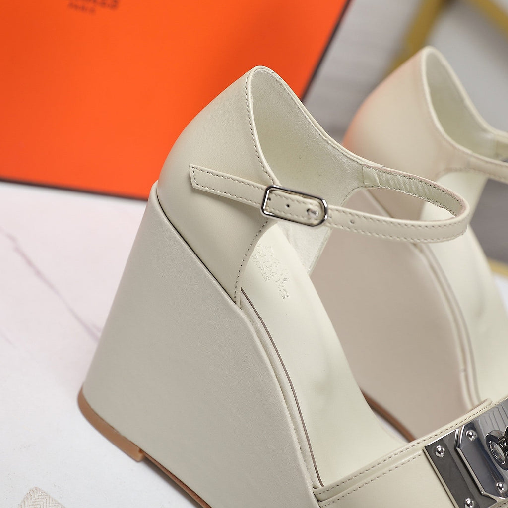 HERMES WEDGES SANDALS SNOW LAMBSKIN