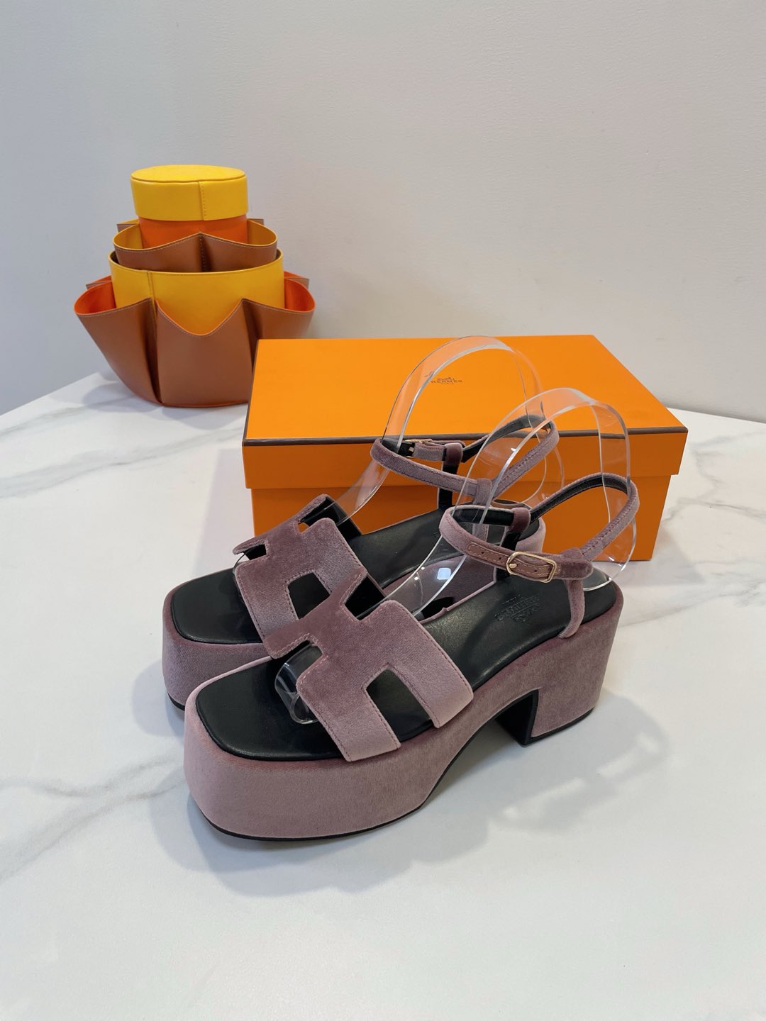 HERMES JAM 30 SANDAL IN ROSY BROWN VELVET