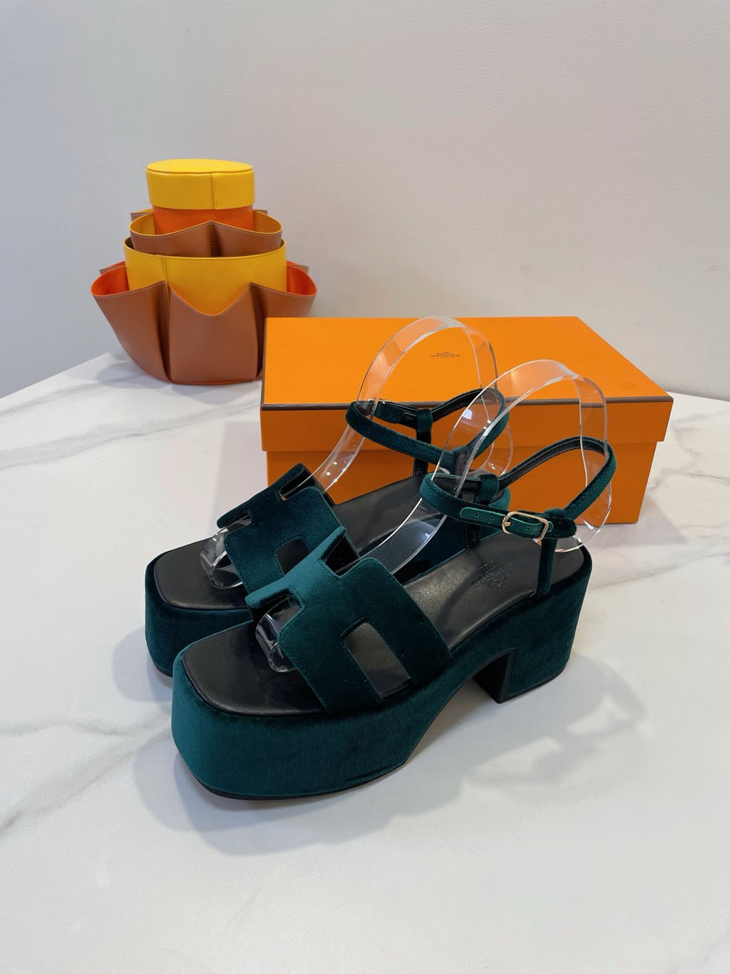 HERMES JAM 30 SANDAL IN GREEN FOREST VELVET