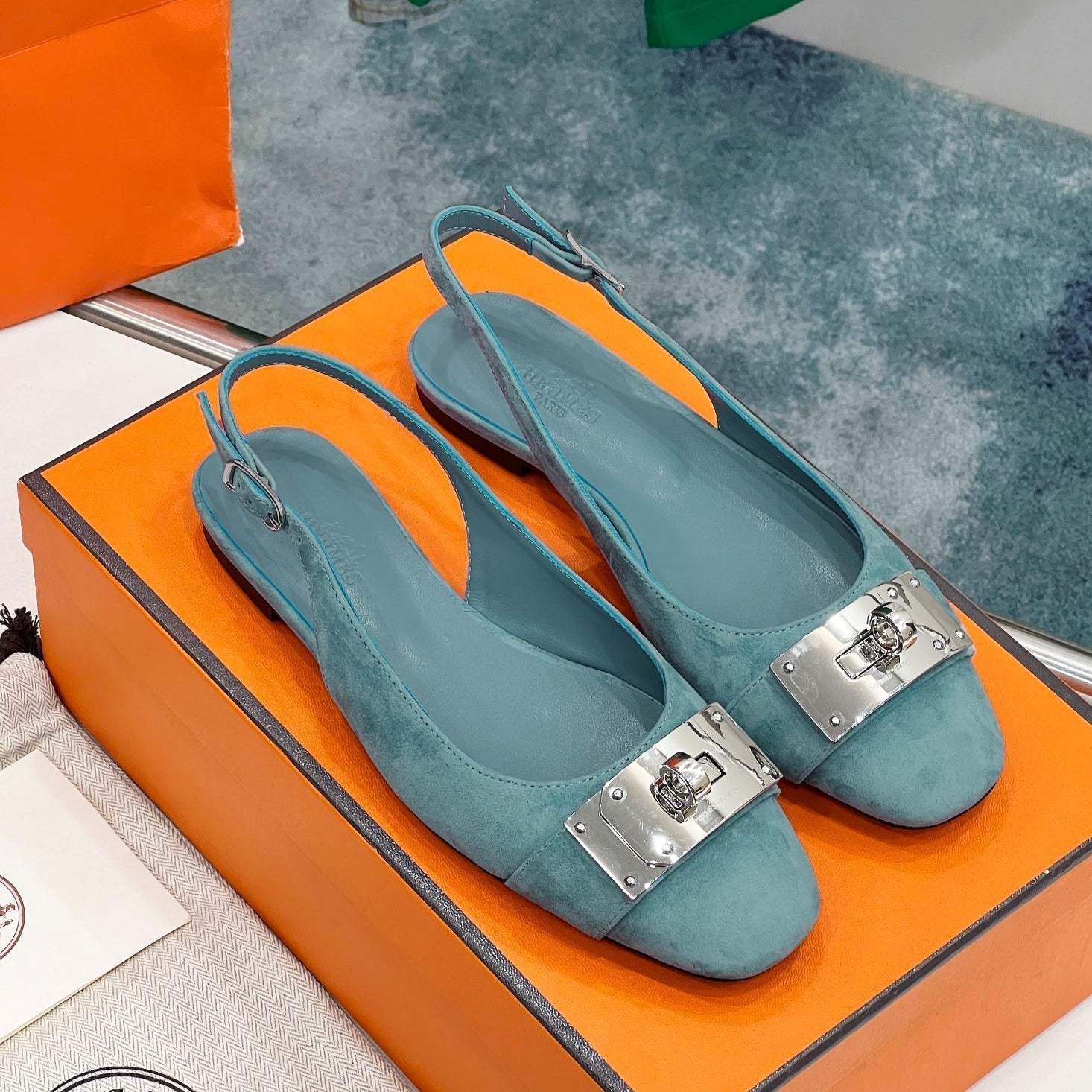 HERMES INNOCENTE SLINGBACK TEAL SUEDE