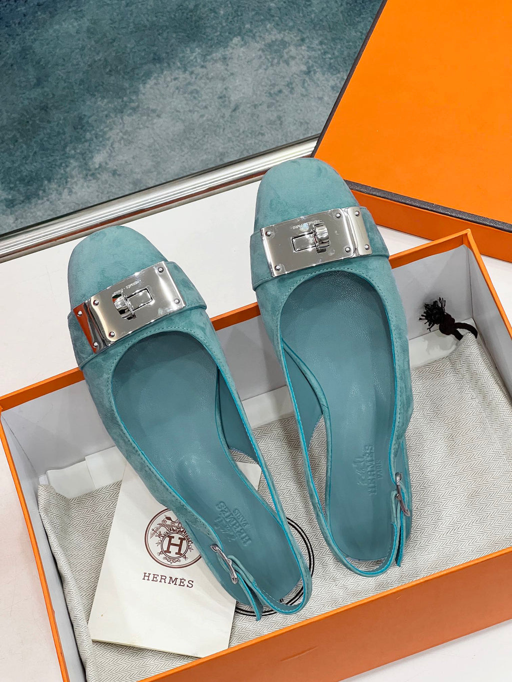HERMES INNOCENTE SLINGBACK TEAL SUEDE
