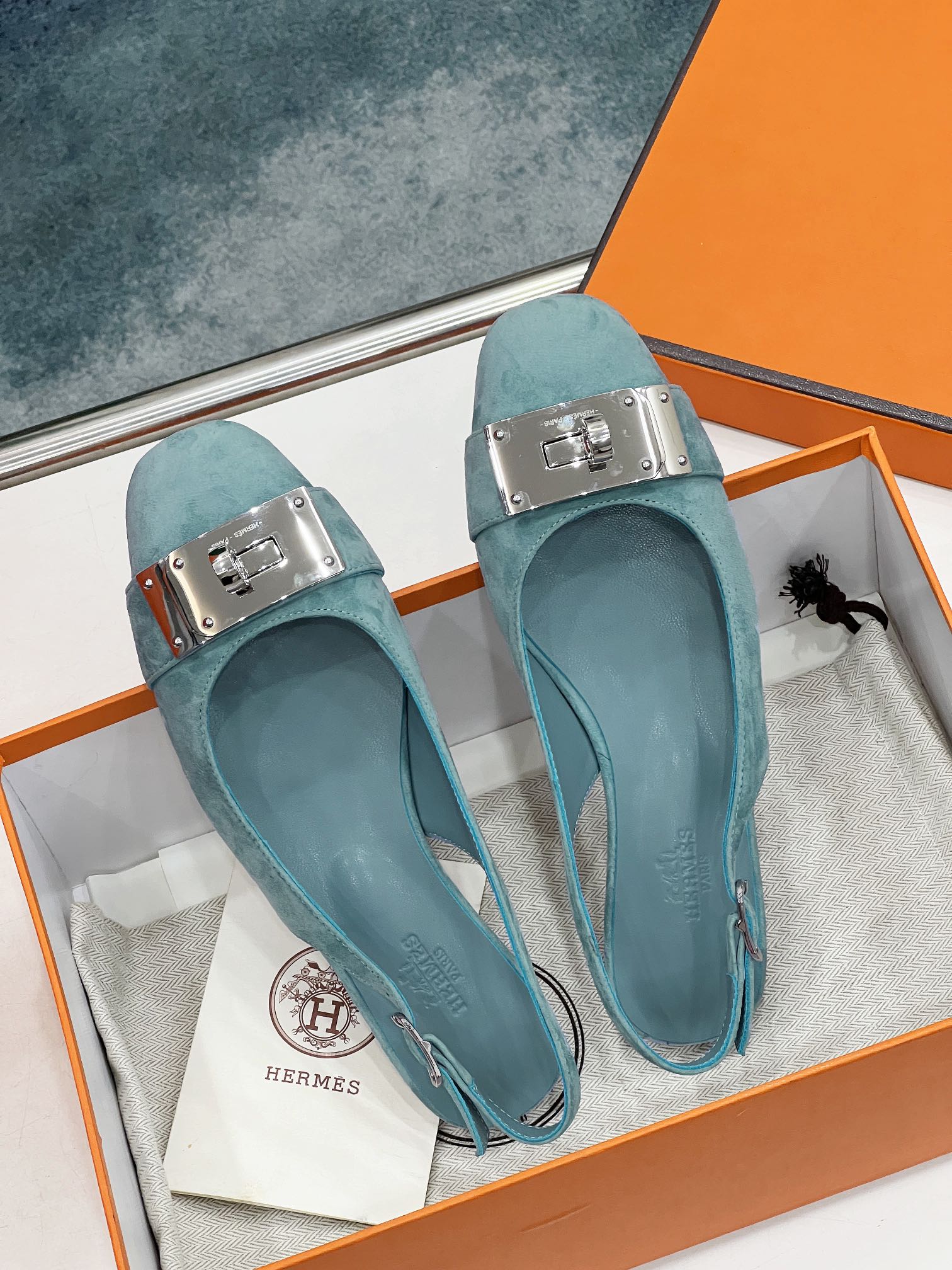 HERMES INNOCENTE SLINGBACK TEAL SUEDE