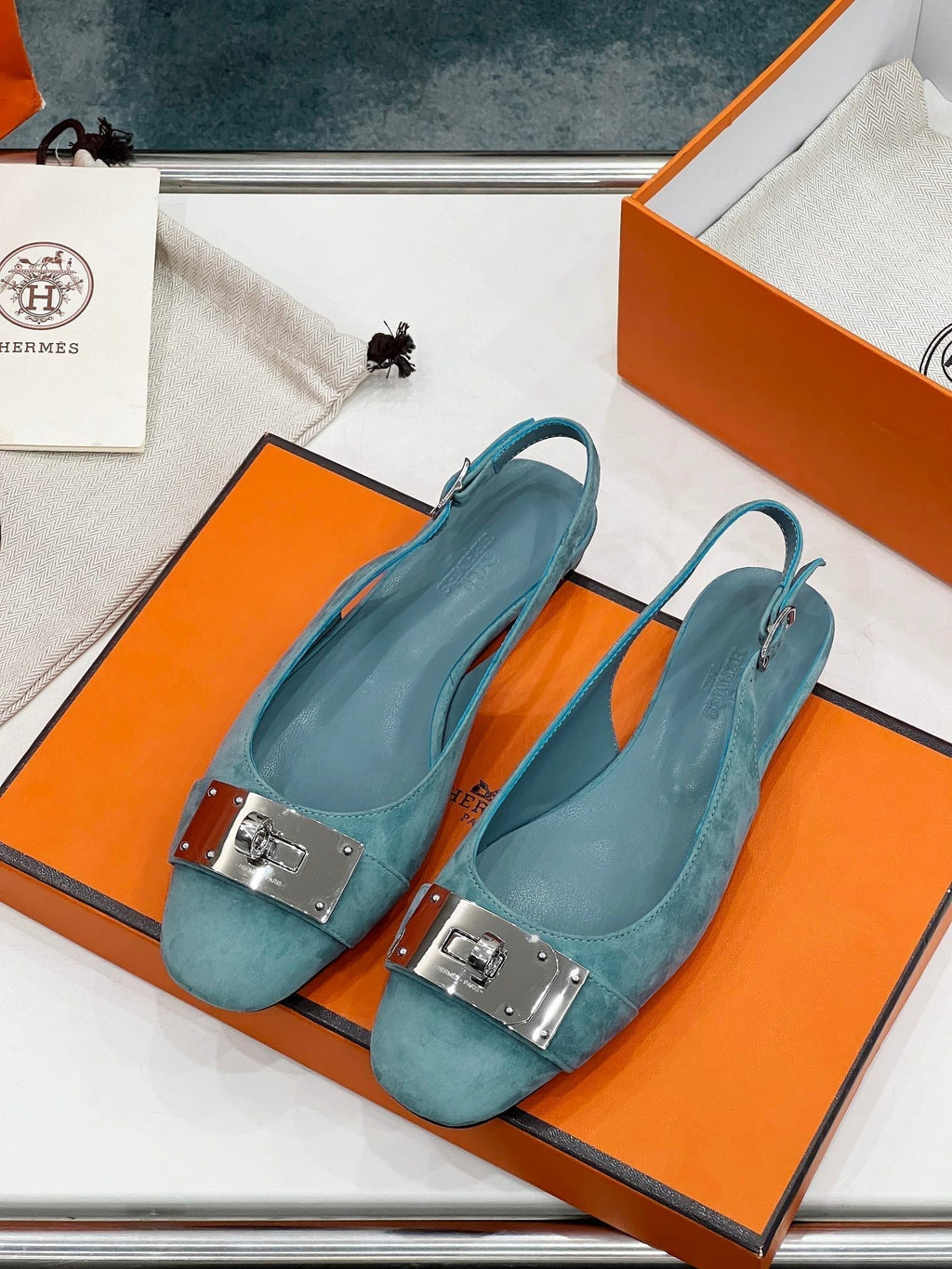 HERMES INNOCENTE SLINGBACK TEAL SUEDE