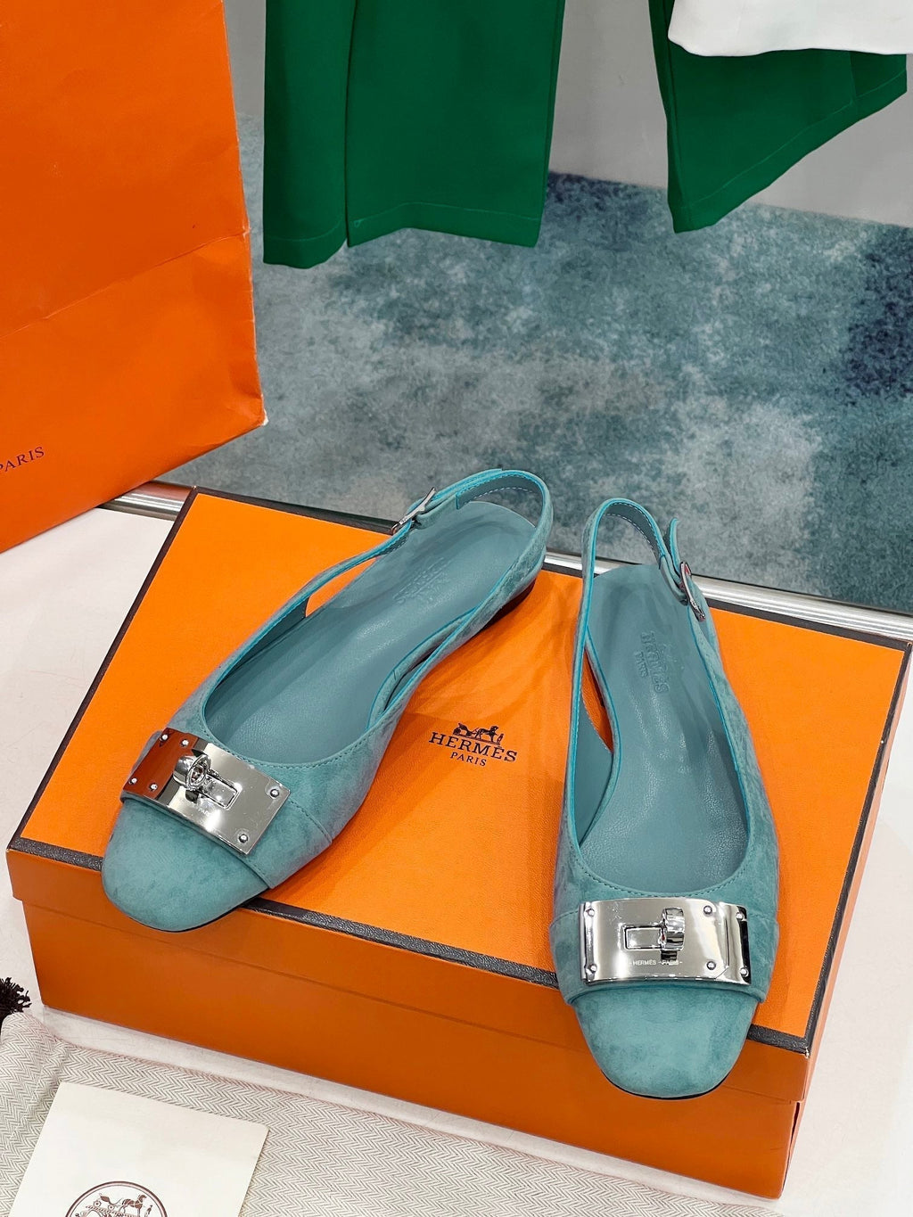 HERMES INNOCENTE SLINGBACK TEAL SUEDE