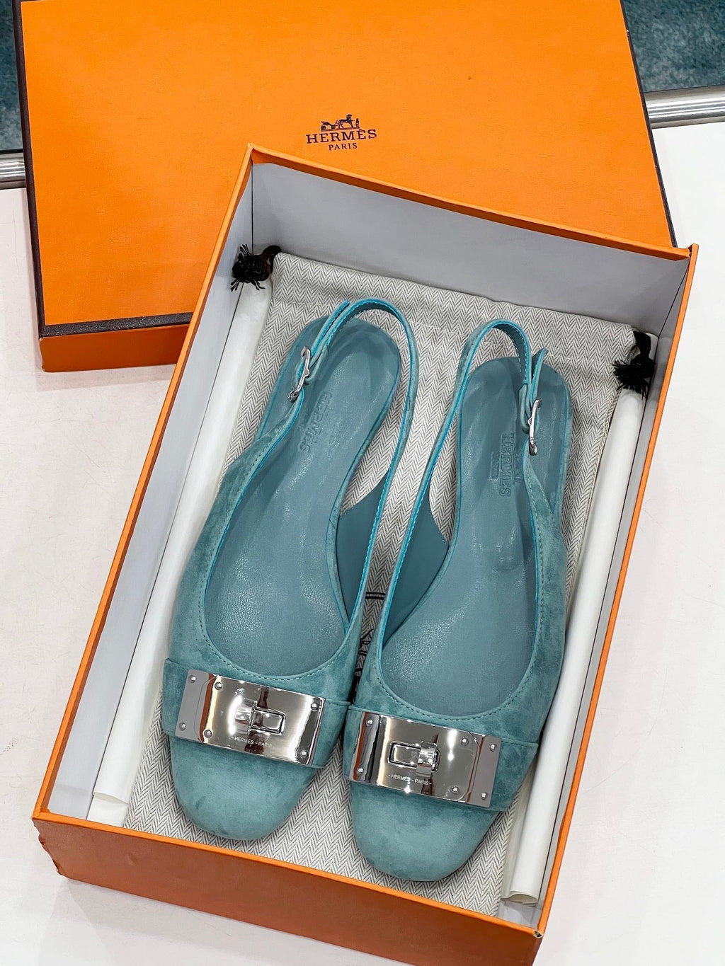 HERMES INNOCENTE SLINGBACK TEAL SUEDE