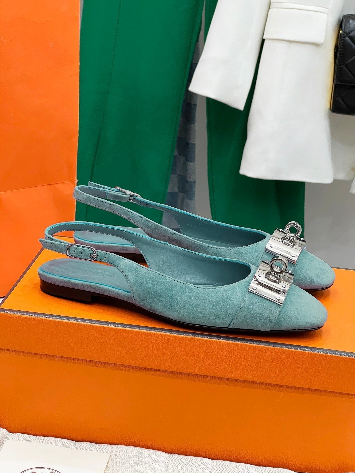 HERMES INNOCENTE SLINGBACK TEAL SUEDE